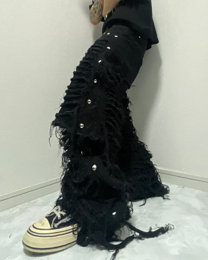 half docking damage black denim pants