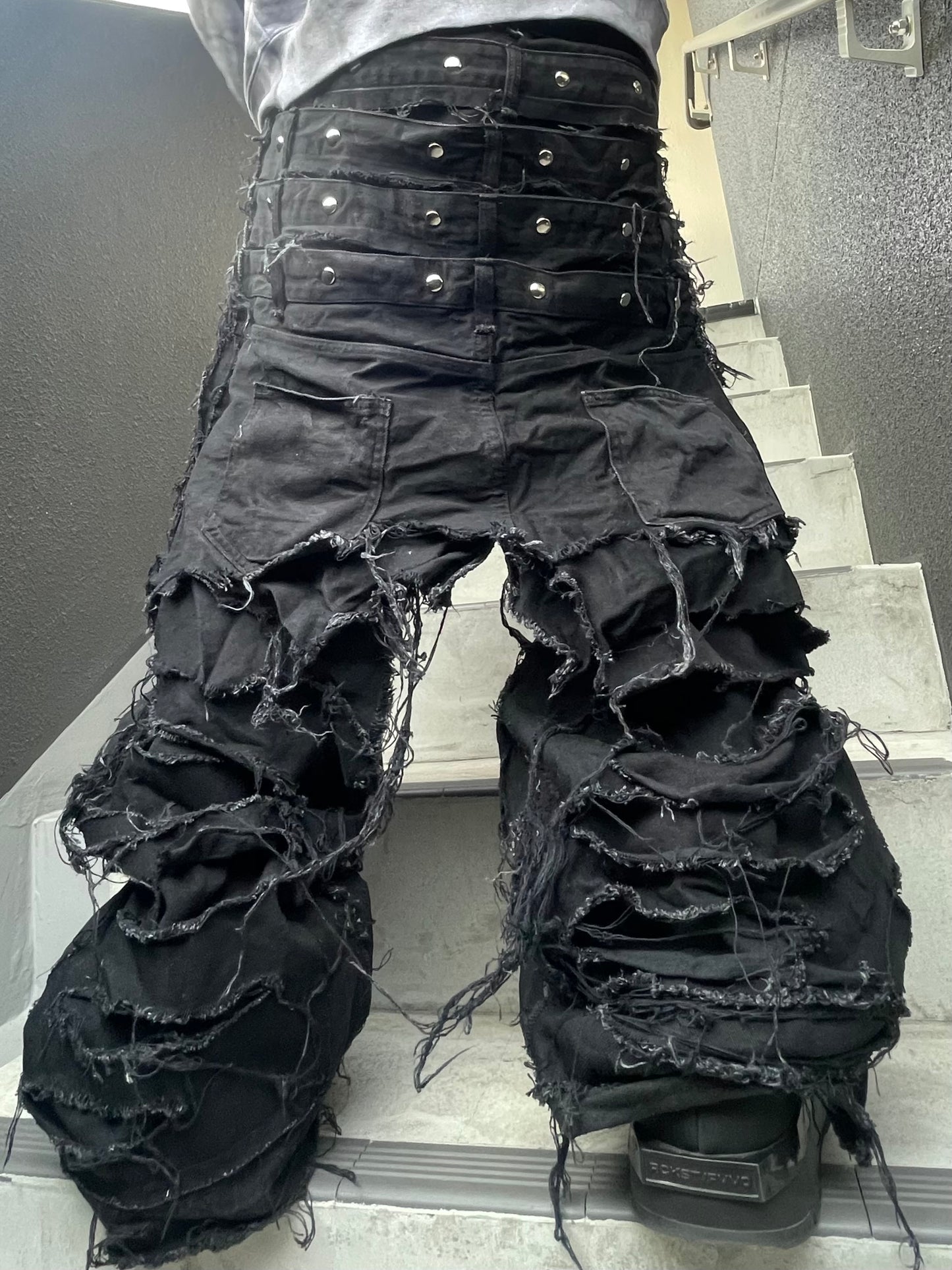 (受注)back over layered black denim pants