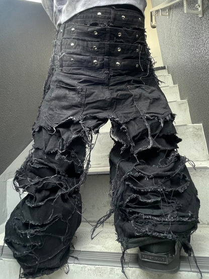 (受注)back over layered black denim pants