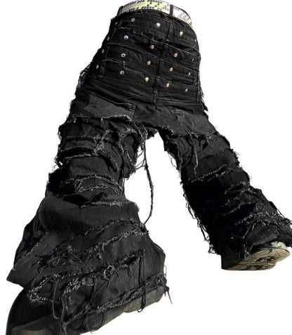 (受注)back over layered black denim pants